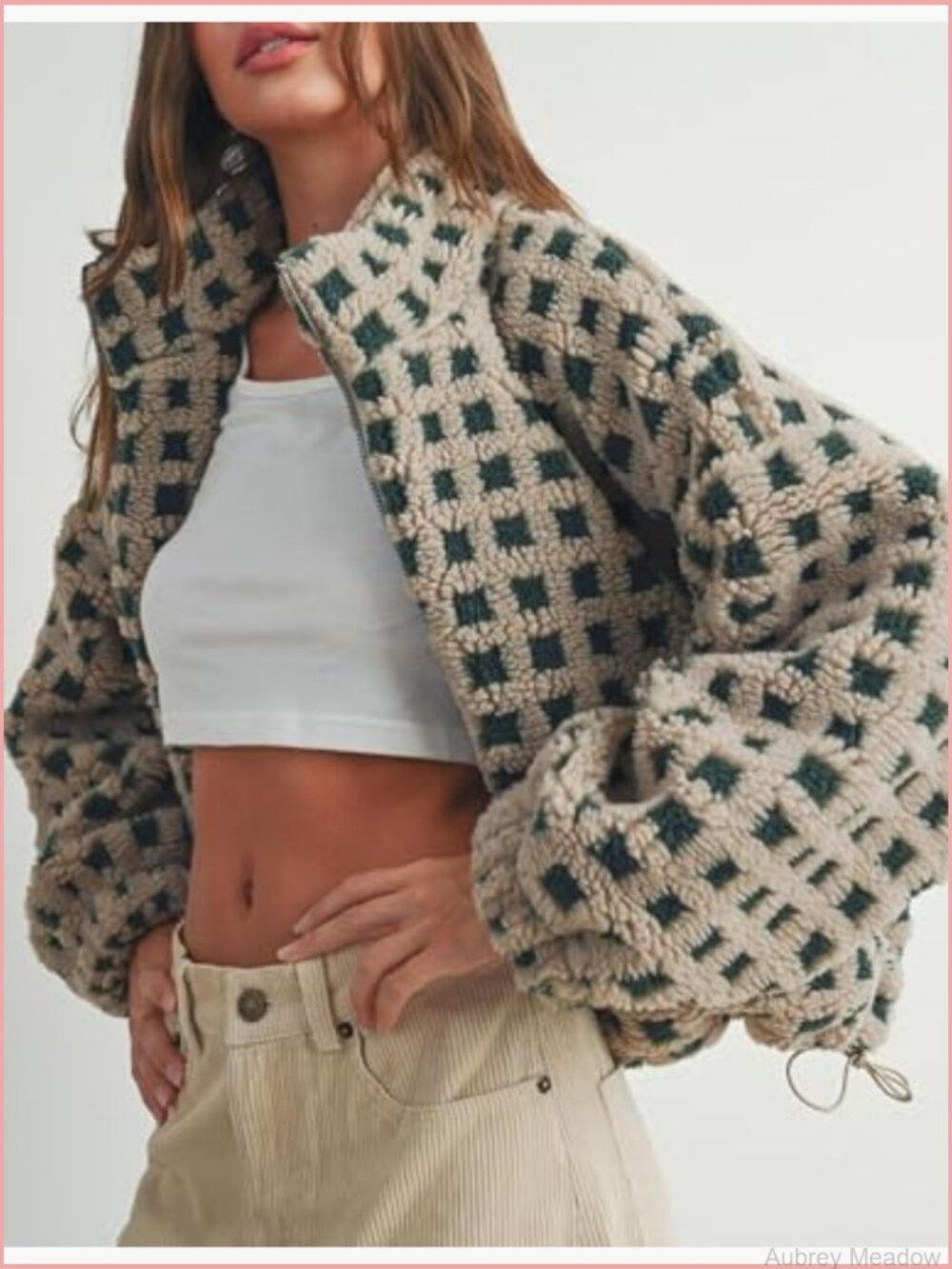 Long Sleeve Cropped Sherpa Fleece Plaid Jacket Casual Teddy Fleece Outerwear - Picture 4 of 7